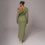 Draped Off-Shoulder Long Sleeve Top And Maxi Skirt Set- Outfit