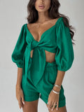 Sexy Lace-up Tops And Shorts Outfits Women Fashion Solid Two Piece Sets 2022 Spring Summer Casual Loose Suits For