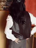 V-neck Leather Vest Women Korean Fashion Cropped Streetwear Vest Leather Vintage Casual Sleeveless Leather Outwear 2023