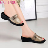 Women Slippers Shoes Genuine Leather Slip on Outside Slides Ladies Fashion Wedges Summer Beach thick sole Flip
