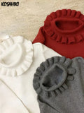 Kawaii Ruffle High Collar Sweater Women Japanese Vintage Soft Girl Lantern Sleeve Cute Lolita Knitted Jumper