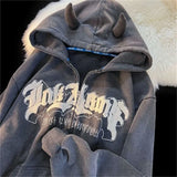 cute horn letter flocking embroidery hooded cardigan hoodie women 2022 streetwear design sense niche couple hoodies