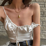 Zingj Ins Sexy Pure Desire V Collar Back Top Silk Pleated Sling Sweet Spicy Bow