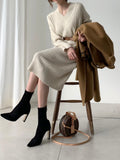 Loose Waist Solid Korean Thick Knitwear V-Neck Woman Warm Dresses Sweater Dress Women Knitted Clothes Autumn Winter