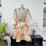 Small Fashion Summer Silk Shemp Print Deep V Collar Lantern Sleeve Dress Holiday Wind Short Skirt