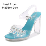 Shuzumiao 2020 Summer New Sandals Women Fashion Rhinestones Square Heel Transparent Women Shoes High Heels11cm Female Party