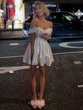Bright Women Party Dress Off Shoulder Draped Korean Elegant Fashion Sexy Chic Christmas Mini Dresses For New Year