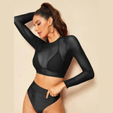 Long-Sleeved Hooded Yarn Bikini Swimsuit Split High-Waist Triangle Three-Piece Set Swimsuit