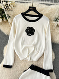 Floral Design Knitted Suits O Neck Loose Pullover+Midi Bodycon Skirt Korean Style Women Autumn Casual Sweater