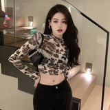 Women Slim Retro Floral Mesh T-shirt Fashion Long Sleeve Sexy Style Spring Summer Fashionable Blouses Female Thin