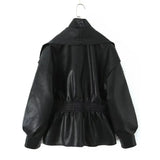 Fashion Collar Design Lantern Sleeve Imitation Leather Jacket Woman In Autumn