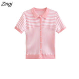 Women Fashion Color Match Striped Patchwork Print Short Knitting Sweater Female Chic Short Sleeve Polo Coat Tops