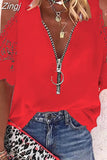 Lace Zipper Blouse Hollow Out Short Sleeve Women V-neck 5XL Casual Fashion Shirt Lady Loose Sexy Elegant Tops Mujer