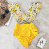 Ruffled Hem Bikini Set Women Flora V-Neck High-Waisted Two Piece Swimsuit 2023 Girl Beach Bathing Suit Swimwear