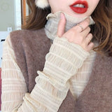 winter women blouse shirt korean style design sense half-collar lace mesh bottoming tops pleated retro sexy