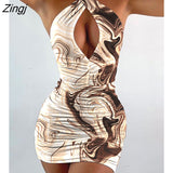 Summer All Over Print Halter Cut-Out Ruched Sleeveless Sexy Bodycon Mini Dress Night Club Print Dress Female Party