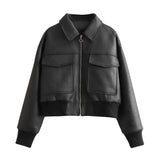 Zingj New Women's Fashion Imitation Leather Pilot Loose Jacket Jacket