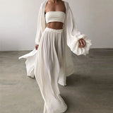 Solid Color Three-Piece Set 2022 Autumn Women Tube Top Beach Dress Crop Top Trousers Long Sleeve Cardigan 3 Piece Set