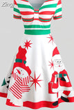 Dress Women Winter Santa Claus Striped Print Elegant Short Sleeve V-neck Xmas Party Midi