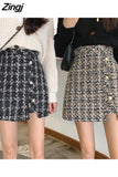Women Wool Plaid Buttons Slit A-line Anti-glare Luxury Elegant Office Ladies Bodycon Leisure Ulzzang Korean Mini