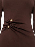 Brown Metallic Button Decoration Knitted Dress High-Necked Long Sleeves Elegant