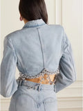 Zingj Chain Decoration Short Coat Fashion Hip Skirt Two-Piece Denim Suit