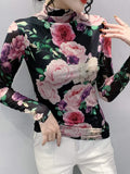 Winter High Neck Fashion Printed Thick Mesh Long Sleeve T-shirt Women Slim Trendy T Shirts Fashion Floral Top For
