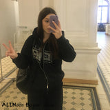 Y2K Fashion Rhinestone Zipper Oversized Hoodies E-girl Vintage Solid Letter Long Sleeve Black Sweatshirts Autumn
