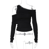 Black Asymmetrical Cut Out Off Shoulder Long Sleeve Top- Outfit