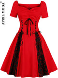 Red Black Patchwork Gothic Punk Steampunk Dress Lace Up Retro Vintage Swing Cotton Streetwear 50s 60s Rockabilly