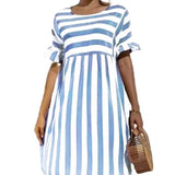 2021 Summer New Fashion O Neck Women's Dress Casual Loose Solid Short Sleeve Ruffle Patchwork Pocket Ladies Stripe