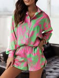 Women Lapel Buttoned Shirts + Pocket Shorts Suits Office Lady Two Piece Sets Retro Pattern Printed Long Sleeve