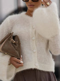 Retro Plush Horn Sleeve Sleeve Sleeve Shirt Single Buckle Embellishing White Brown Autumn And Winter Vintage Style