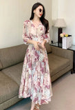 New French Vintage Midi Dresses for Women 2023 Elegant Chic Flower Printed V-neck Fashions Sweet Casual Female
