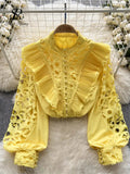 French Style Casual Embroidery Blouse Women Long Sleeves Pearl Shirt Fashion Ruffles Cotton Hollow Out Loose