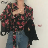 Women Retro Floral Chic Spring Fall Fashion Korean Ladies Blusas Mujer Lace-up Design Soft Female Long Sleeve Top