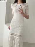 Hollow Out Women Knit Short Sleeve High Waist Bandage With Vest Midi Female Fashion Chic Dress