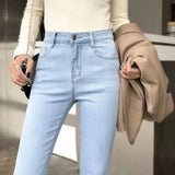 Waist Skinny Jeans For Women Streetwear Spring New Slim Pencil Pants Female Light Blue Stretch Casual Ladies Denim