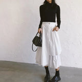 summer New Black Long Pleated Skirt Women White High Waist Irregular Skirt Big Swing Midi Skirt Gothic Streetwear