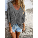 For The New T-Shirt Women's Hollow Long-Sleeved Knitted Shirt Languid Style Design V Collar Sunscreen Sexy