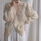 Beading Mohair Cardigan Women Autumn Soft Hollow Out Lazy Loose Sweater V-Neck Fashion Elegant