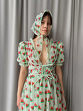 Women Party Long Dress Short Sleeve V Neck Tie-up Front High Waist Fruit Sequins Ruffle Tulle Hem Princess Dress