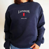 London Telephone Booth Embroidered Fleece Pullover- Outfit