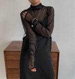 Candy Color Long Sleeve Tees See Through Mesh Top Turtleneck T Shirt Women Green Blue Black Pink Yellow Fall