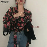 Women Retro Floral Chic Chiffon Spring Fall Fashion Korean Ladies Blusas Mujer Lace-up Design Soft Female Shirts Top