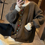 Zingj Winter New Round Collar Restore Ancient Ways Wave Edge Sen Is Department Of Art Sweet Color Button Loose Recreational Cardigan Sweater Female-Outfit