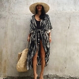 Queens Women Striped Half Sleeve Beach Loose Bohemian Maxi Dress Ladies V-neck Lace Boho Kimono