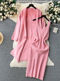 Autumn Thick Warm Knitted Suits 2023 Strap Knit Dress+Loose Long Cardigans Sweater Home Wear Casual Two Pieces