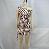 Zingj Women's Round Collar Sleeveless Waist Pleated Draw Rope Zebra Print Wrap Hip Dress