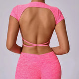 Zingj Back Sports Short Sleeves Removable Chest Cushion Cross Back Clothes Can Wear Fitness Yoga Short Sleeves Women-Outfit